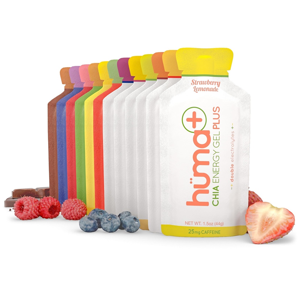 Huma Plus (Dobbelt Electrolytes) - Chia Energy Gel, Variety Pack - Magevennlig, Real Food Energy Gels (12 Original and 12 Plus Gels)