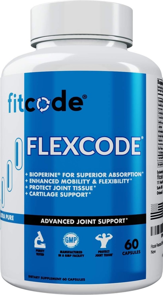 fitcode Flexcode Ultra Premium Joint Support, Glukosamin, Turmerisk, MSM, Chondroitin, Hyaluronsyre, Glutenfri, for menn og kvinner (30 Serveringer)