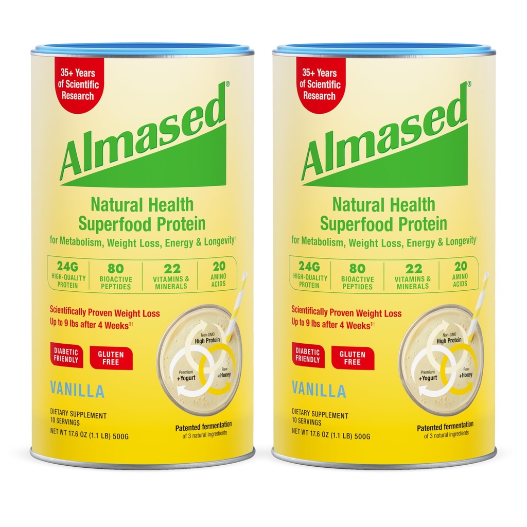 Almased Vanilla måltid erstatningsshake - lav-glykemisk høy plantebase protein pulver - ernæringsmessig vekt helse støtte Supplement - Vanilla Flavor - 17,6 oz (1,1 pund (2 pakke)