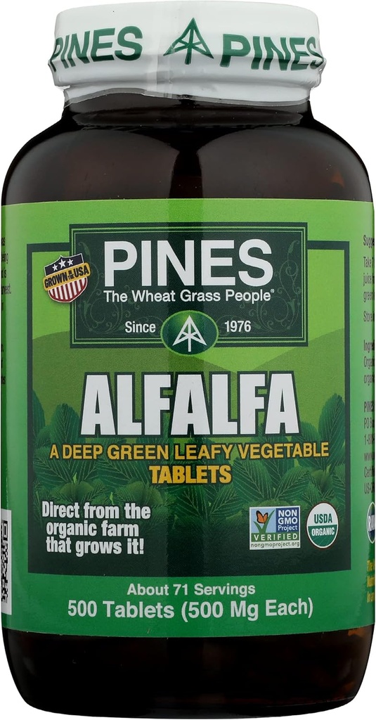 Pines Alfafa tabletter, Original Grønn Superfood, USDA Økologisk, Glutenfri & Ikke-GMO, 500 mg Hver, 500 tabletter