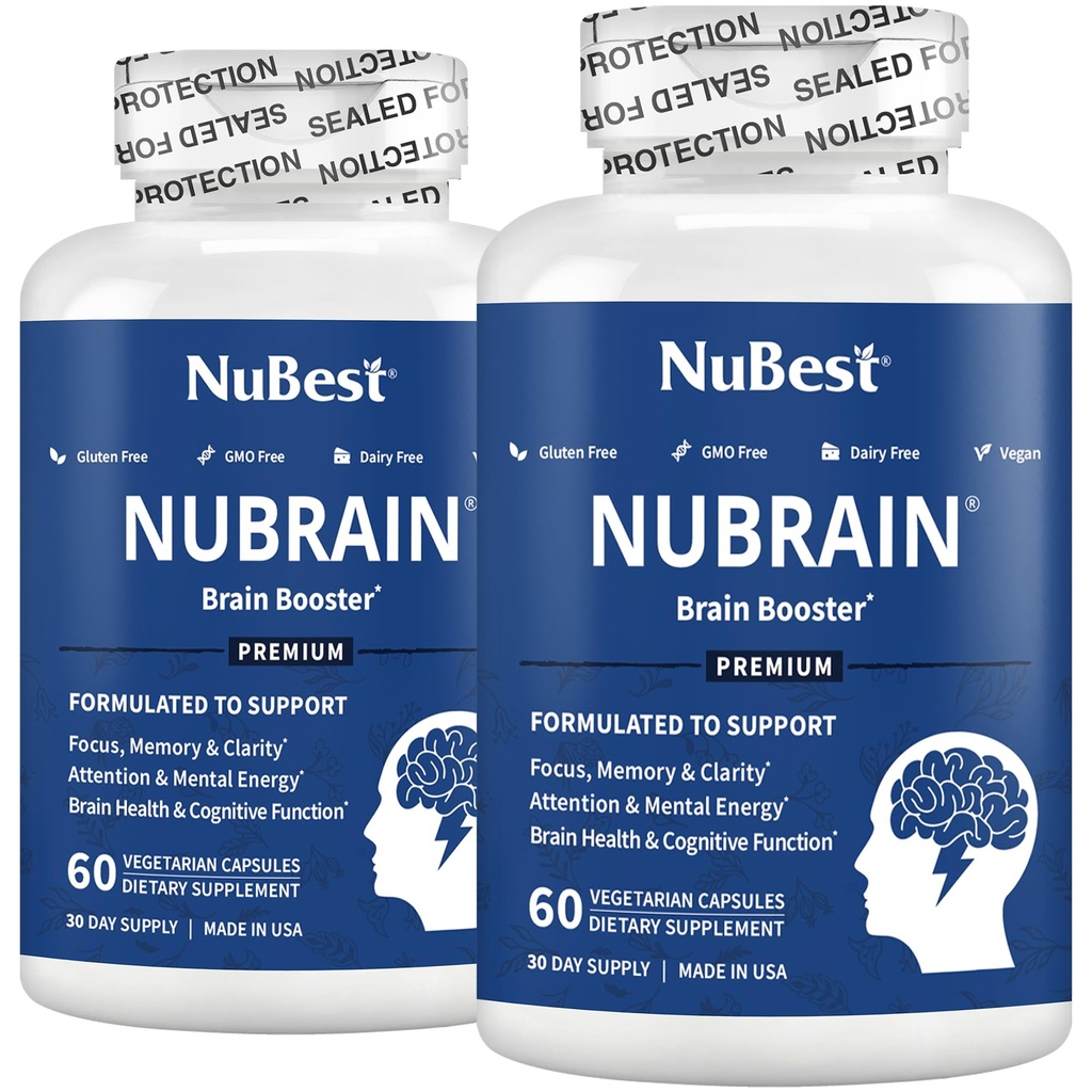 NuBrain Booster - Brain Supplement for hjerneforsterker, minne, fokus og klarhet støtte med St. John's Wort, Ginkgo Biloba, Bacopa og mer | Pack 2