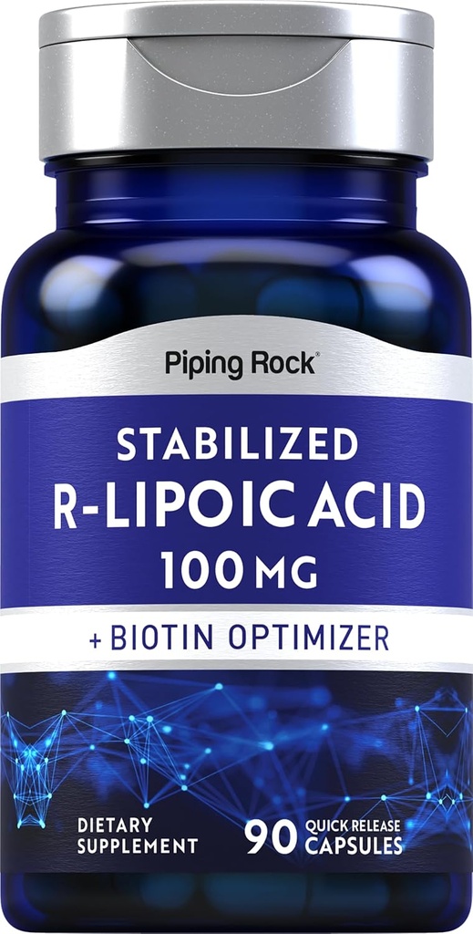 Piping Rock Stabilized R-Lipoic Acid 100mg 90 kapsler | med Biotin Optimizer | Ikke-GMO, Glutenfri Supplement