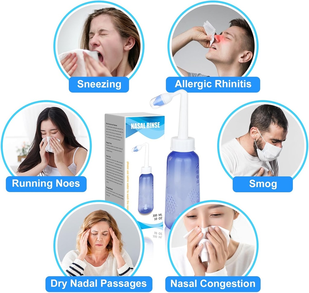 300 ML Nasal renser Neti Pot Sinus renser flaske Gentle Nasal vaske flaske nese renere Komfortabel for voksen og barn effektivt trykk Irrigatio med 20 Nasal vask salt pakker BPA gratis