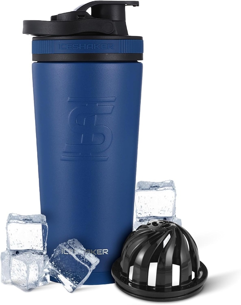 Ice Shaker isolert rustfritt stål Shaker flaske | 26oz, marine | kaldt i 30+ timer | Isolert kopp med Twist-on Agitator | Odor-fri flaske for proteinshake, vann, smoothies, cocktails