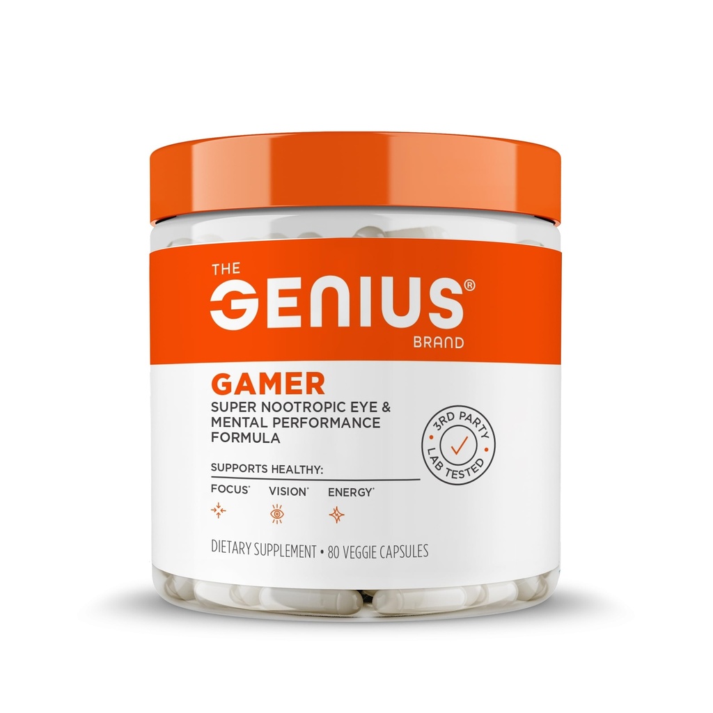 Genius Gamer, Gaming Focus Supplement, 80 piller - Elite Nootropic Performance Booster - Økt hjerne- og mental klarhet, reaksjonstid og konsentrasjon - Blått lys støtte med Lutemax