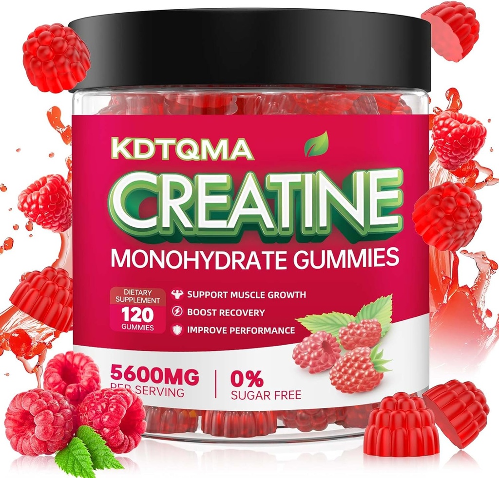 Kreatin Monohydrat Gummier for menn og kvinner 120 CT - 5600mg Kreatin Monohydrat per servering, Chewable Creatine Monohydrat for muskel støtte og energi øke, sukker gratis, vegan (Raspberry Flavor)