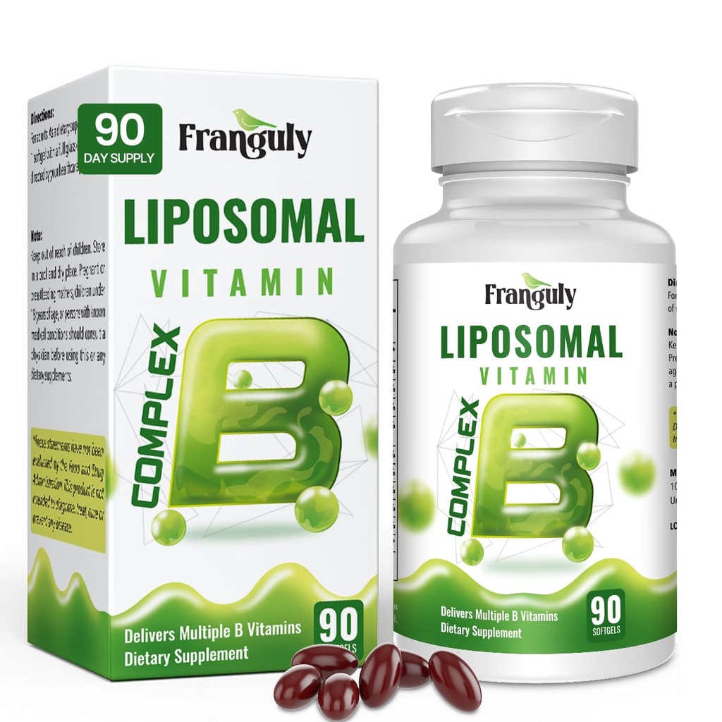 Liposomal B-kompleks designet for høy absorpsjon B-vitaminer med Choline Inositol vitamin B1, B2, B3, B5, B6, Biotin, Folat, metylert B12-immune, energi, hjerne hjerte støtte 90 Softgels