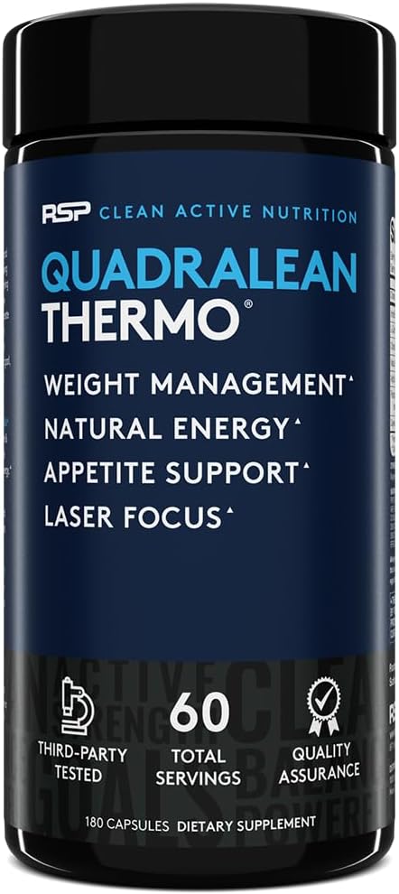RSP Nutrition QuadraLean termogene fettforbrenner for menn og kvinner, Vekttap Supplement, Krasj-fri energi, Metabolisme Booster & Appetite Suppressant, Diett piller, 60 Serv (Packing May Vary)