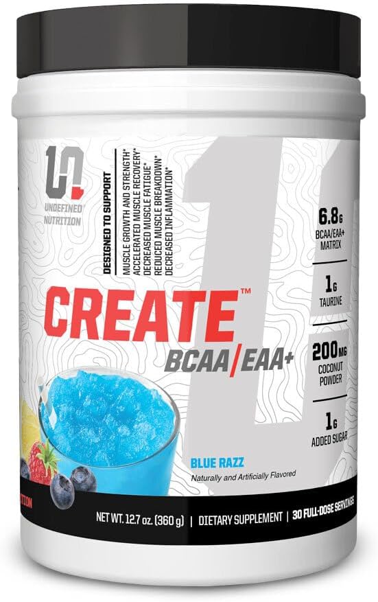 Udefinert ernæring Opprett BCAA/EAA+ av Brian Shaw -Muscle Recovery & Endurance, 6,8 g BCAA/EAA Matrix -Full Spectrum BCAA + Essentielle Aminosyrer Supplement - 30 serveringer (127 oz, Blue Razz)
