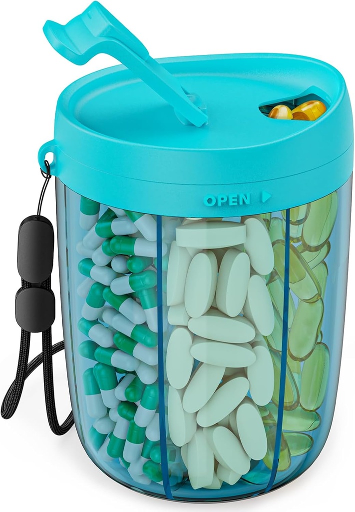 PULIV Large Pill Flaske Organizer, Supplement Organizer for Holding 6 forskjellige vitaminer, Pill Box tilfelle med anti-Mixing & Bredt åpningsdesign, lett å hente medisiner og 20 stk Stick-on etiketter, Blå