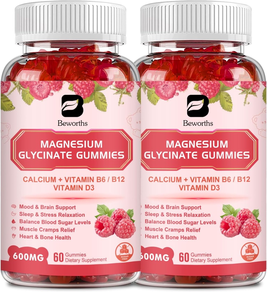 (2 Pakke) 600 Mg Magnesium Glycinate Gummies, Magnesium Supplement Complex Magnesium Malat, Magnesium Citrat & Kalium, støtter natt & felles, Energiforsterkning, Vegan & 0-sugar, Raspberry 120 Antall