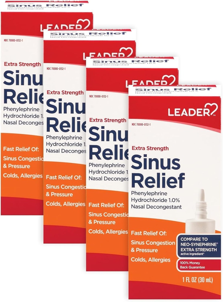 Leder ekstra styrke Sinus Relief, raskvirkende, Sinus Decongestant, Nasal Congestion Relief Spray, kald og allergi 30 ml flaske (pakke med 4)