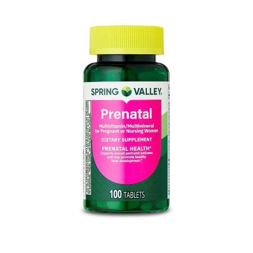 Spring Valley Prenatal Multivitamin/Multimineral for gravide og sykepleie kvinner Diett Supplement Tabletter, 100 Teller +Stiker, Dri Store.