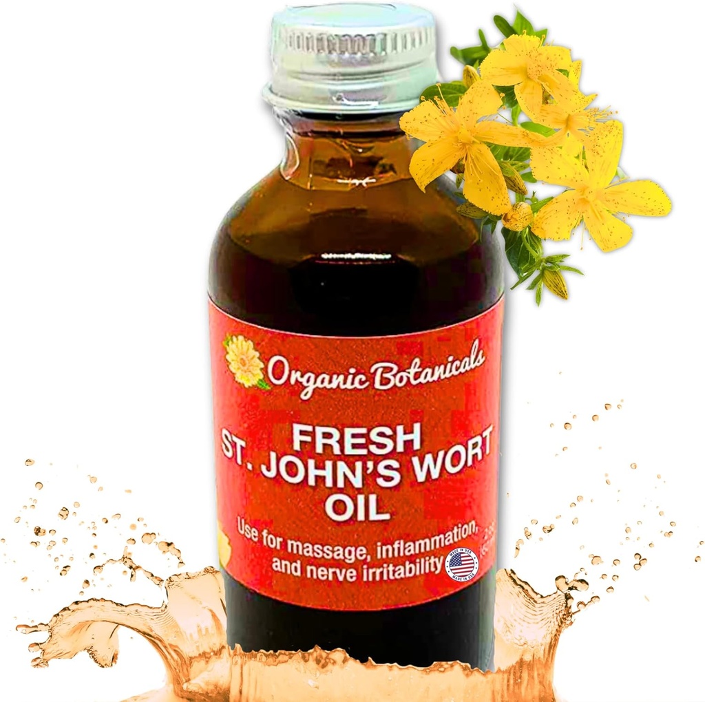 Em's Herbals Fresh St. John's Wort Oil - Wild Harvested i USA, Naturlig løsning for nerveforstyrrelser, hudutbrudd, sårpleie, arr og strekkmerker - hud, ansikt, hår, masseolje (2 Oz)