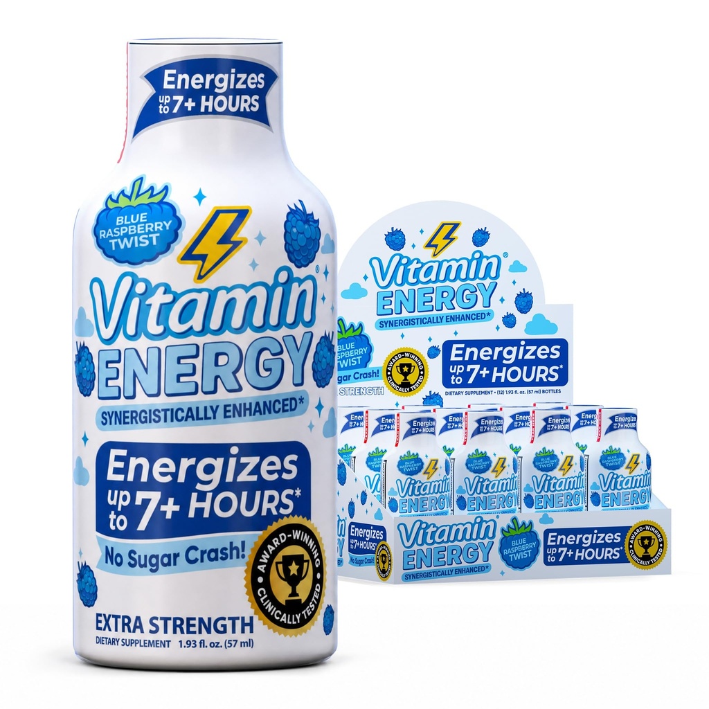 Vitamin energi immun + ekstra styrke energi Shot Blå bringebær 12 Pack, 260 mg naturlig kaffe, B-vitaminer, Citicolin, Grønn te, immunitet og fokus støtte, null sukker, Glutenfri 1,93 fl oz