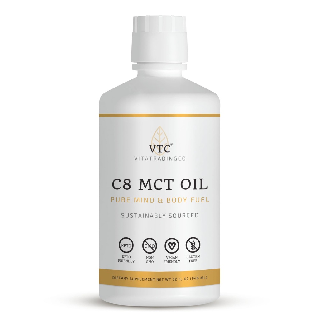 VTC VitaTradingCo. 100% ren C8 MCT Olje | 3X destillert Caprylsyre | Sunn fett for ren energi | Beholdbart  Source Ikke-GMO, Paleo, Keto | 32oz, 64 serveringer (uovertruffen)