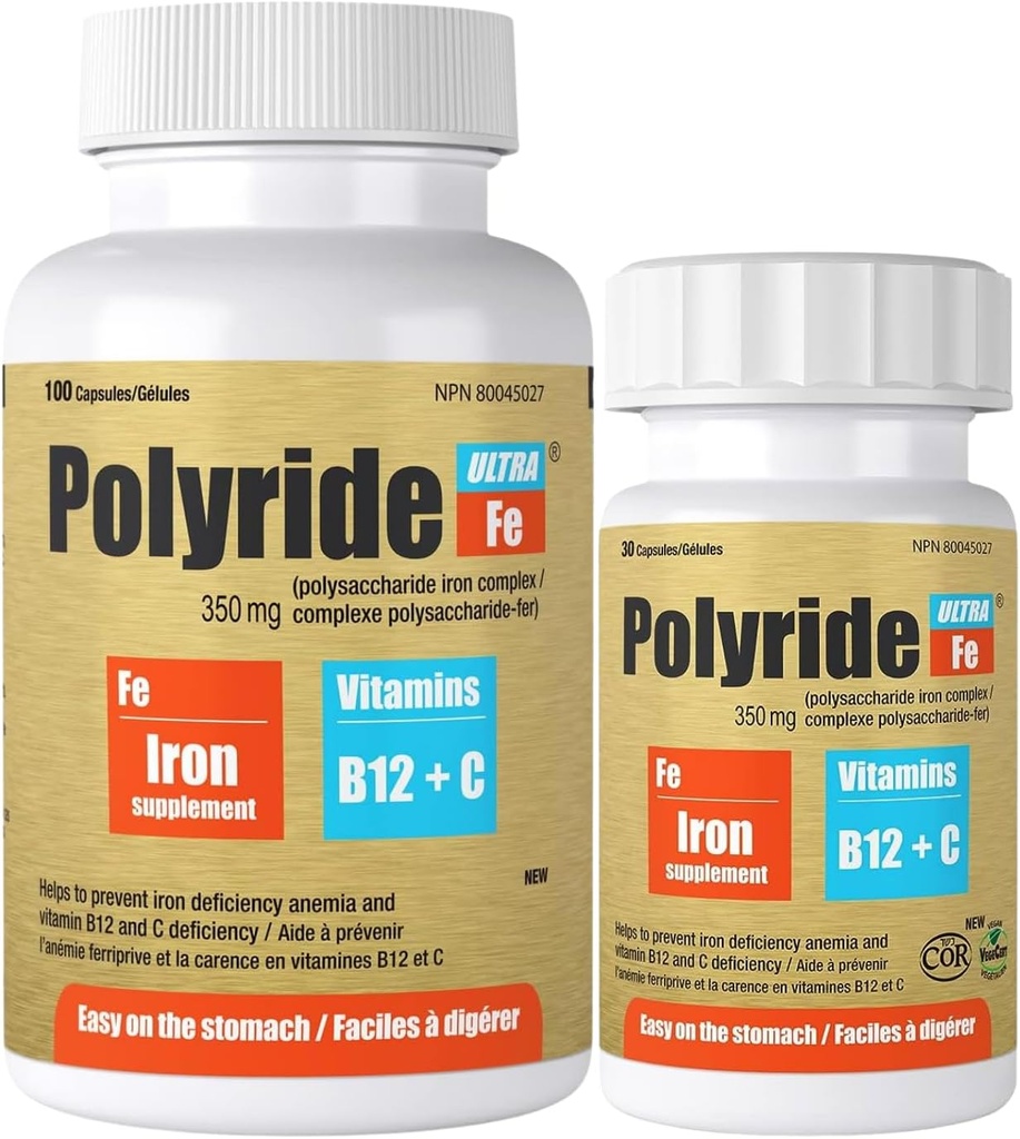 Ultra Polysakkarid jern Supplement Complex 350 Mg - Energistøtte med jern - behandling jernmangel anemi - 125 mg vitamin C og 1000 mcg vitamin B12 - 30 kapsler
