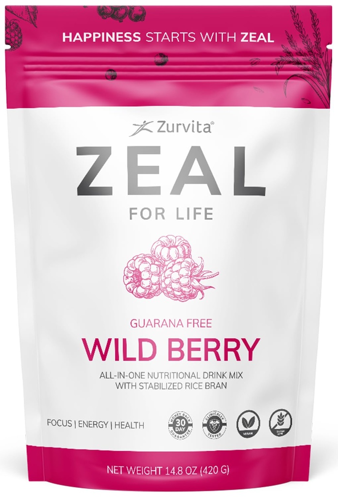 Zurvita - Zeal for livet 30-dagers velværepose - Wild Berry (Guarana Free) - Næringstilskudd for vitalitet, immunitet og velvære - 420 Grams