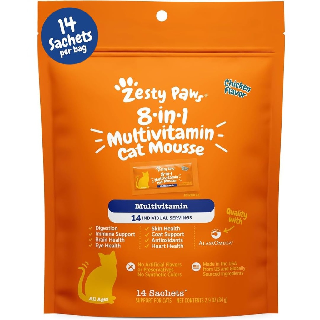 Zesty Paws 8-i-1 Multivitamin Cat vitaminer og kosttilskudd Mousse - Cat vitaminer for innendørs katter - Sunn Treat Squeeze Up for Gut, Immune, Hjerte, Hud og Coat Support - Kylling 14ct