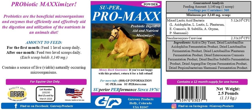 SU-PER Pro-Maxx Probiotika for hester - Equine Digestive Aid og Nutrient maximer - opprettholder riktig gut helse og mikrobiell balanse - 2,5 pund, (2 pakke)