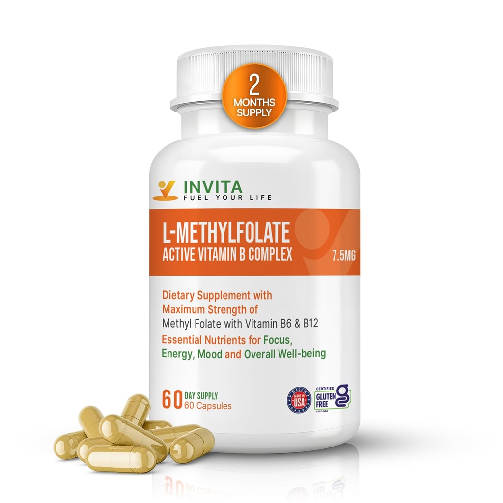 INVITA L-Metylfolat + B Balance - 5-MTHF, B6, B2 & B12 Metylcobalamin B Complex - 60 kapsler - Profesjonell styrke aktiv Metyl Folat - Ikke GMO, Glutenfri, Ingen fyllstoffer (7,5 mg)
