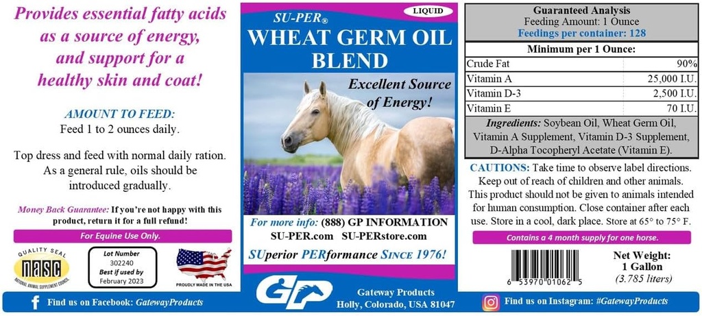 SU-PER Wheat Germ oljeblanding for hester - støtter energi, utholdenhet, utholdenhet, sunn hud og Coat - essensielle fettsyrer, vitaminer og mineraler - 1 gallon, 4 måneders forsyning