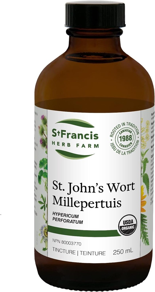 St. Francis Herb Farm St. John's Wort Herbal Tinkture Liquid | Hjelper til å lindre rastløshet & nervøse | Tradisjonell Herbal Sedative | Organisk | Ikke-GMO | Laktose-Free | (250ml)