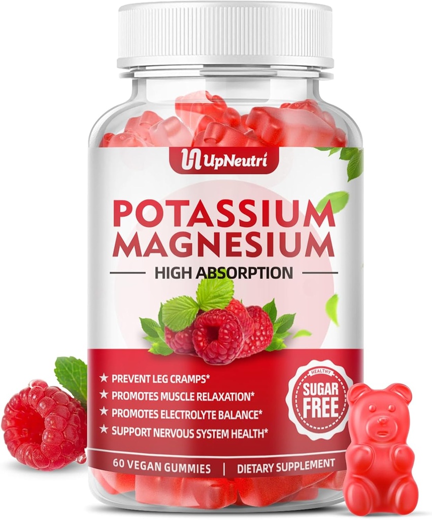 Kalium Magnesium Supplement Gummier for voksne barn, sukker-fri Kalium Citrat Gummies støtter bensekk og muskel og hjerte helse, vegansk magnesium Glycinate Gummies bringebær Flavor 60 Cts