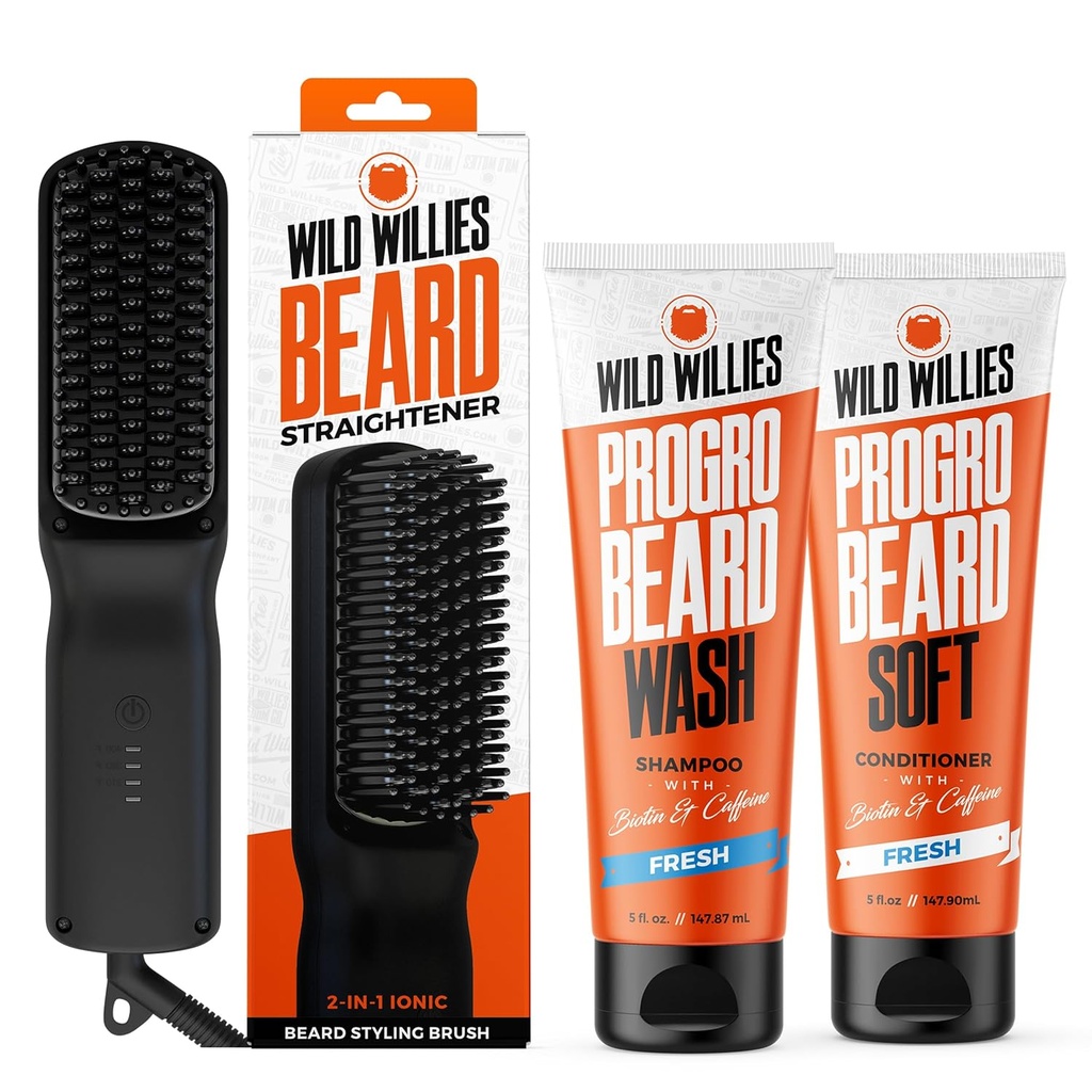 Wild Willies Beared Grooming Kit - Beard Straightener for menn, PROGRO - Forsterket med Biotin & Koffein for hårvekst, vask, Hydration - Ionic 2-i-1 Heated Comb Brush, laget i USA