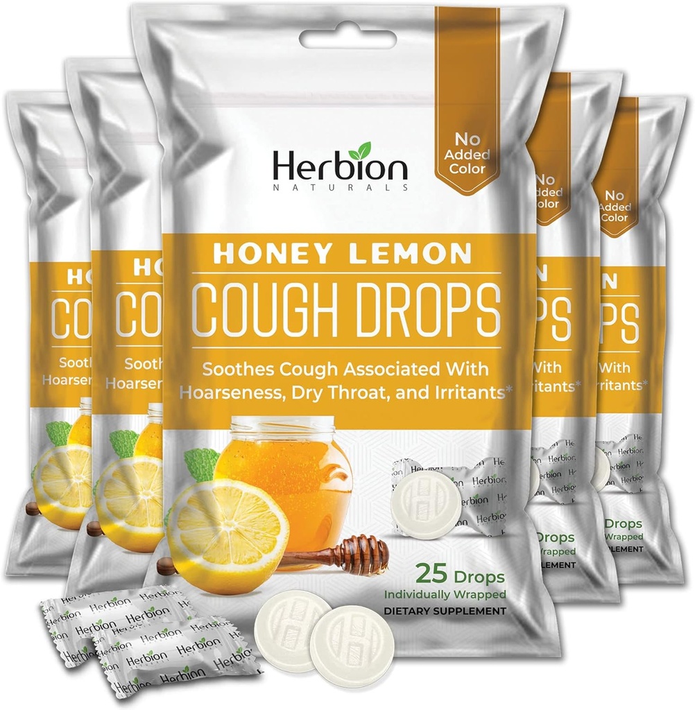 HERBION Naturals Cough drops med honning sitron flavor, kosttilskudd, soots hoste, for voksne og barn over 6 år, 125 Lozenges, pakke med 5