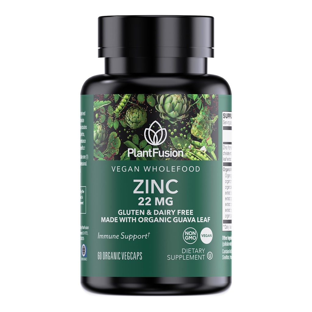 PlantFusion Vegansk Sink Supplementer 22 mg – Helfood Complex, Chelated Zink Citrate fra organisk Guava Leaf for immunstøtte, 60 kapsler