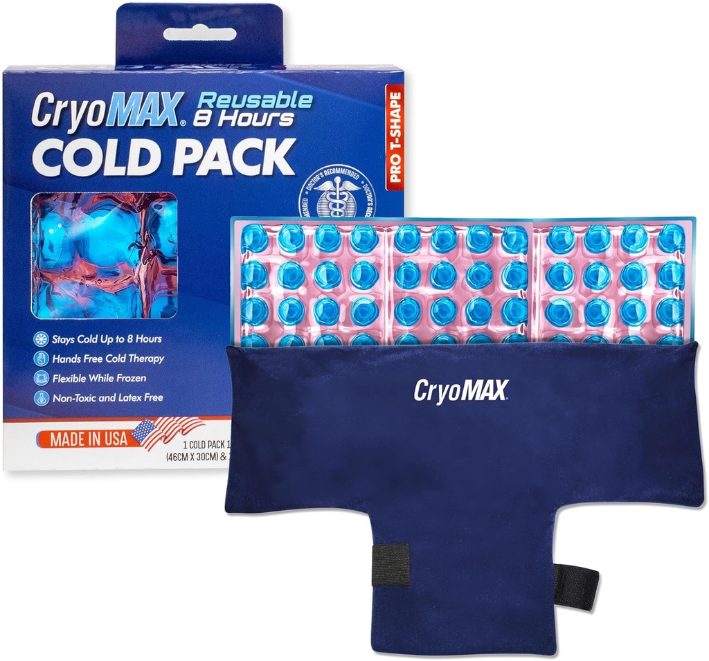 CryomAX Reusable Cold Pack - 8-timers lang-lastende kald terapi ispakke, justerbare bærelige komprimeringsstropper, Best for smertelindring, skadeskader, Hip kirurgi heving og migrainer - T-Shape (1 greve)