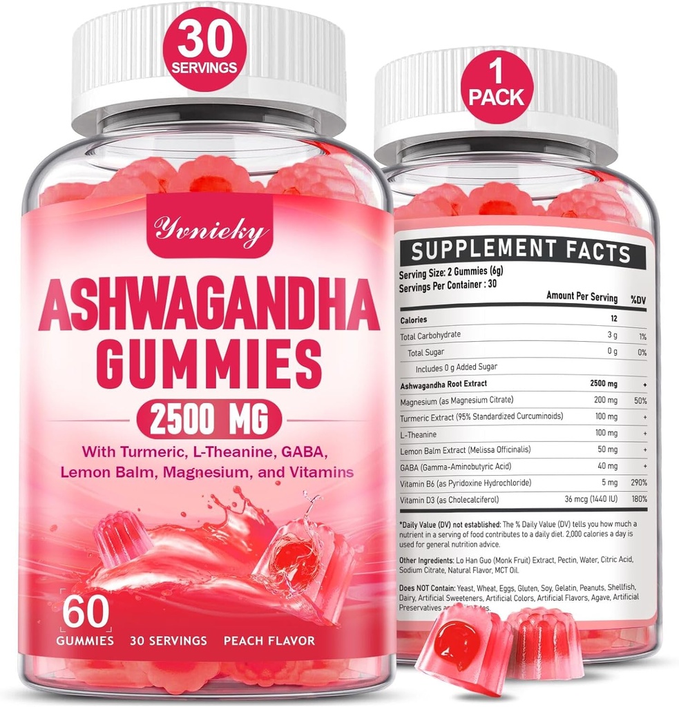 Ashwagandha Gummies 2500mg for kvinner og menn: Ashwagandha Supplement Gummy Ekstra styrke med gummi, vitamin D3, L-Theanin, Magnesium - Filled Gummies, Strawberry Flavor, Vegan, Ikke-GMO