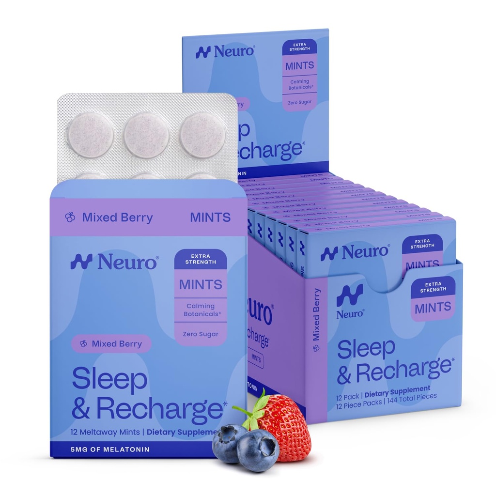 Neuro Melatonin 5mg søvn og opplading mynter (144 stykker) - rask oppløsning Melatonin sukker gratis mynter med sitron balm & kamille for bedre søvn - rolig søvn supplement for voksne - natt Berry Flavor