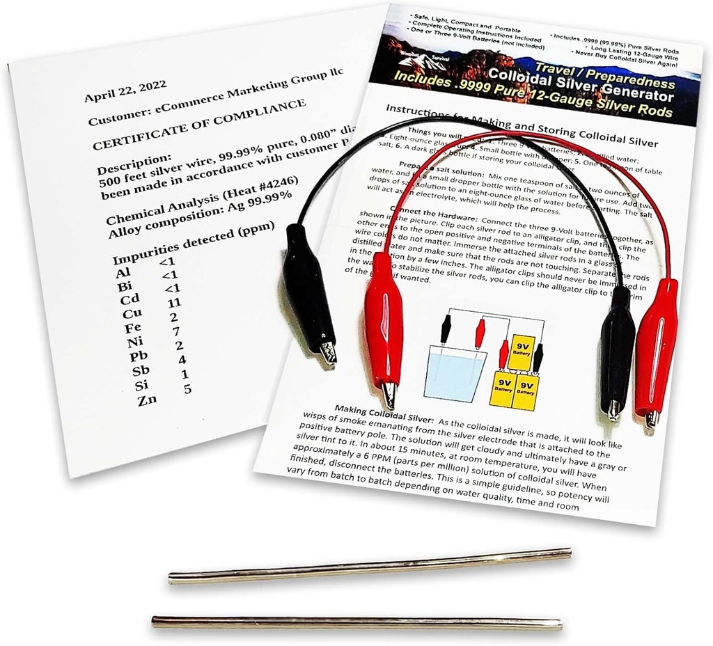 Colloidal Silver Generator Wire 99,99% ren 12-gauge (0,08 in./2.06 mm) sett med (2) 4-tommers stang + Mini/Travel Generator - Inkluderer tråd + komplette instruksjoner