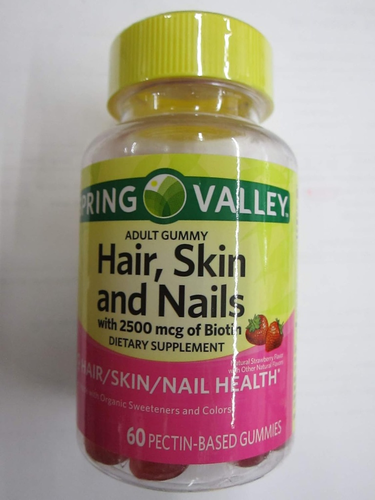Spring Valley voksent hår, hud, negler, 2500 mg Biotin, Jordbær, 60 gummier (pakke med 2)