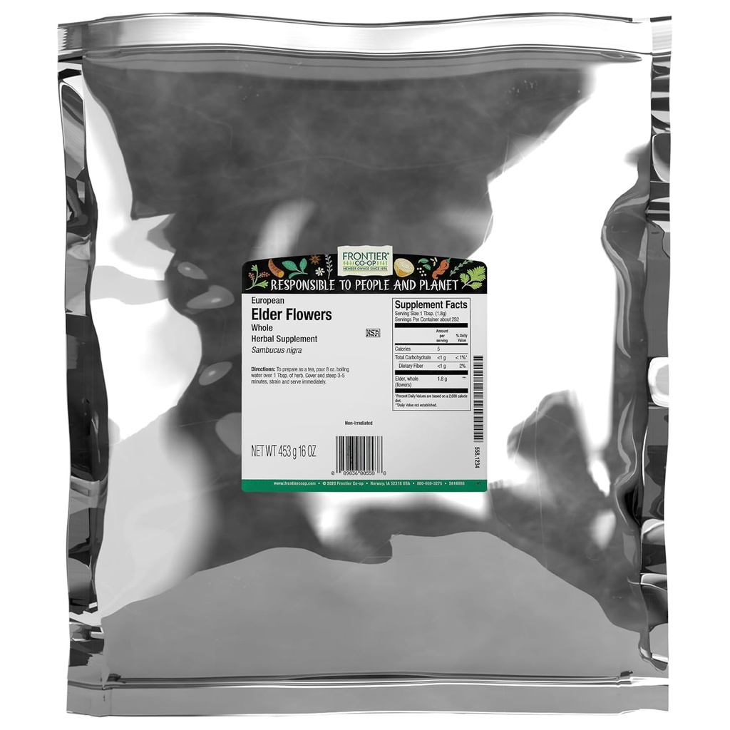 Frontier co-op tørket eldre blomster, 1lb bulk veske | Europeisk hele tørket eldre blomst for Culinary & Herbal bruk | Ideell for eldre blomst te, Kosher