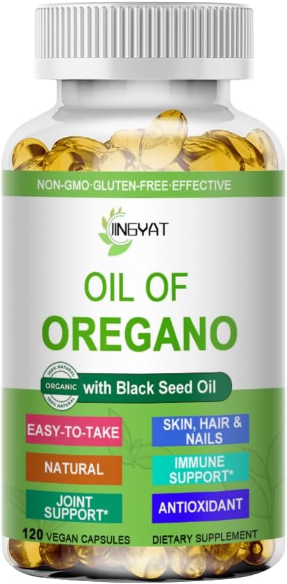 Olje av Oregano Softgels,Organikk Olje av Oregano med svart frøolje for immun støtte Digestiv Helse Sesongal Herbal,High Carvatrol & Thymoquinon Oregano olje,Plant Basert,Non-GMO,120 greve