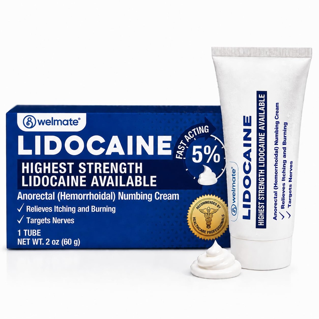 WELMATE - 5% Lidocaine Numbing Cream, 2oz (60g) - Maksimal styrke Lidocaine Cream - hemorroid relief - ekstern bruk anestetisk, vitamin E - barnemotstandsdyktig - Topisk hudpleie