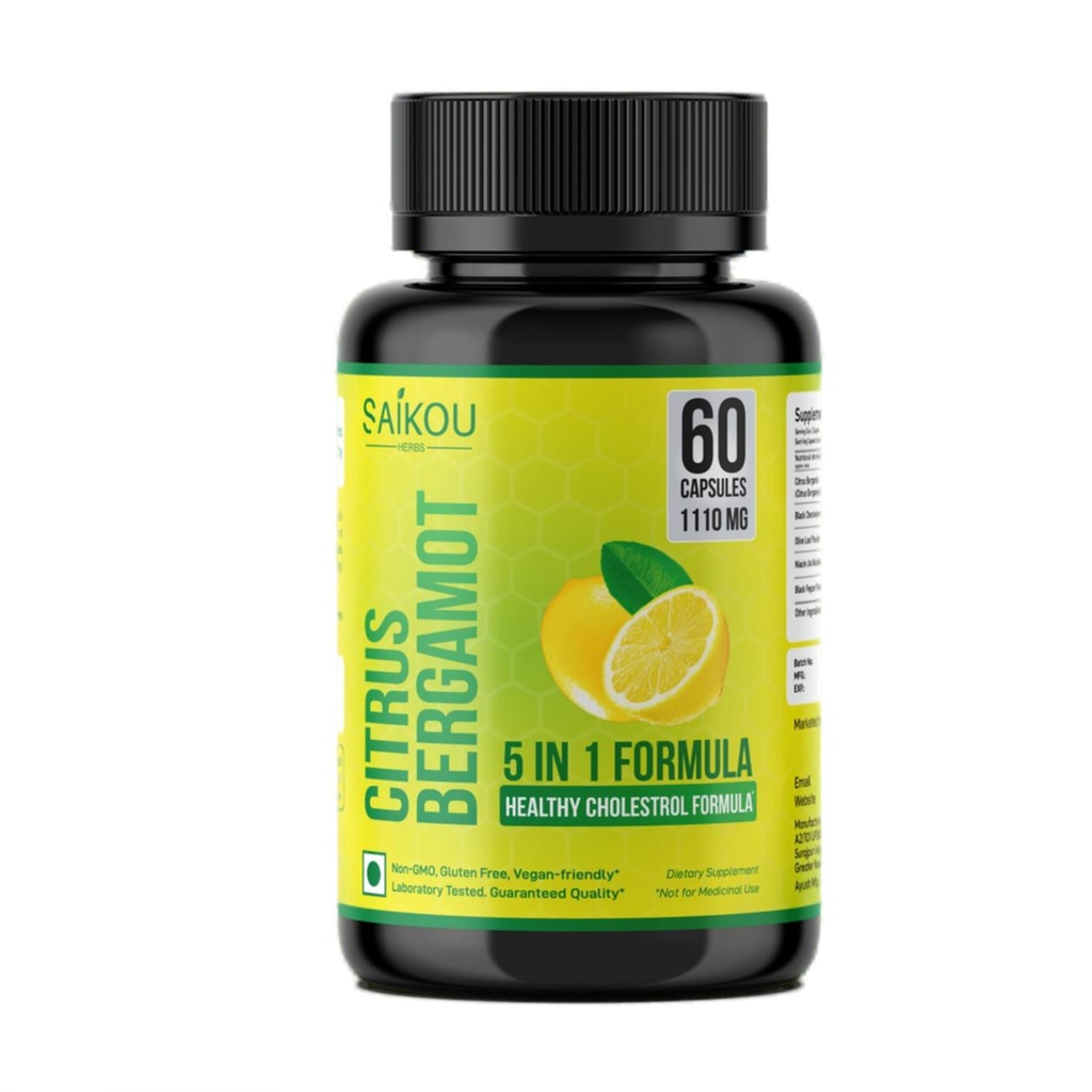 Citrus Bergamot 1110mg - 25:1 Ekstrakt - høy potens Supplement med svart Choke Berry, Niacin, Olive Leaf & Black Pepper Extract - Vegan - 60 Kapsler
