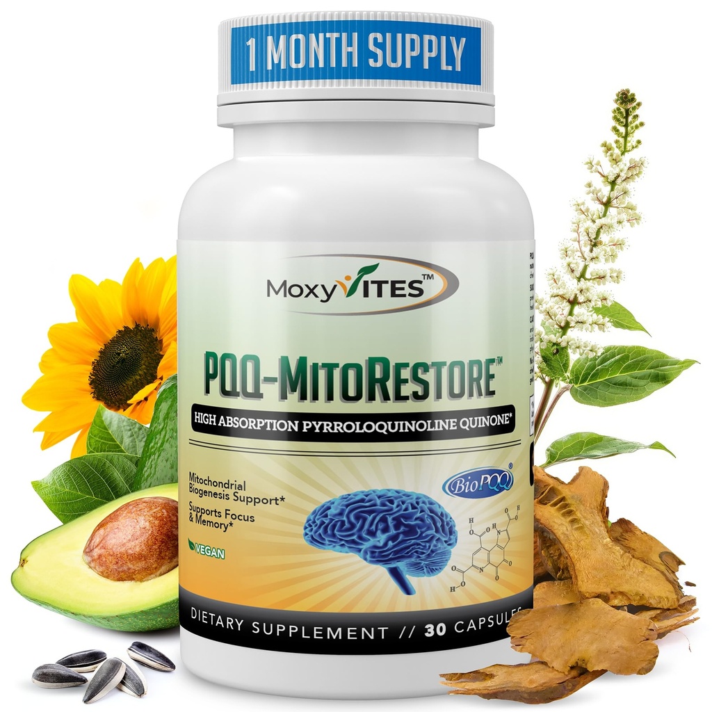PQQ MITORESTORE Brain Supplements for hukommelse og fokus - Mitochondria Supplement med BioPQQ 20mg - Purest Form IKKE kjemisk synthesized, kognitiv og hjerte støtte - 30 Vegan Capsules, Ikke GMO