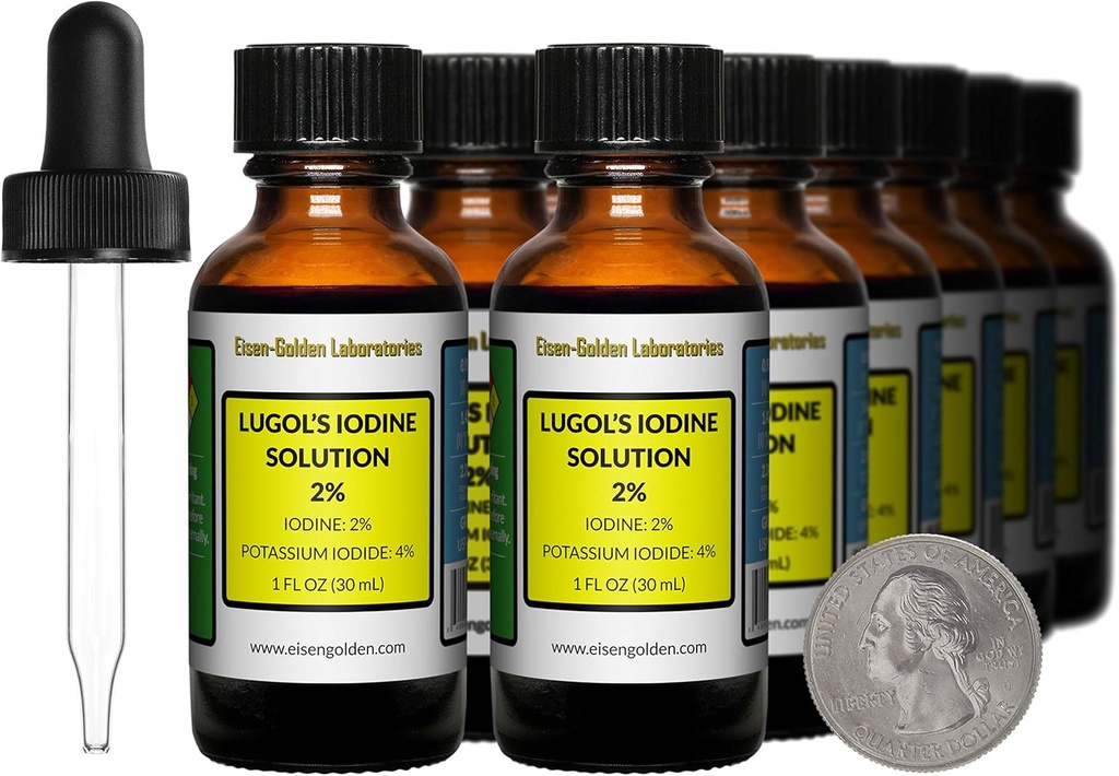 Lugols jodin / 2% løsning / 12 Oz i tolv Amber Glassflasker / gratis droppers / USA