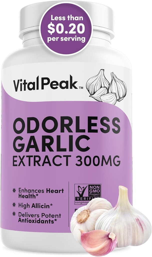 Odorless hvitløk ekstrakt - Allicin-Rich 300 mg herbal hvitløk kosttilskudd for hjerte, lever og immun støtte I ikke-GMO, Glutenfri, Vegan - 90 hvitløkkapsler