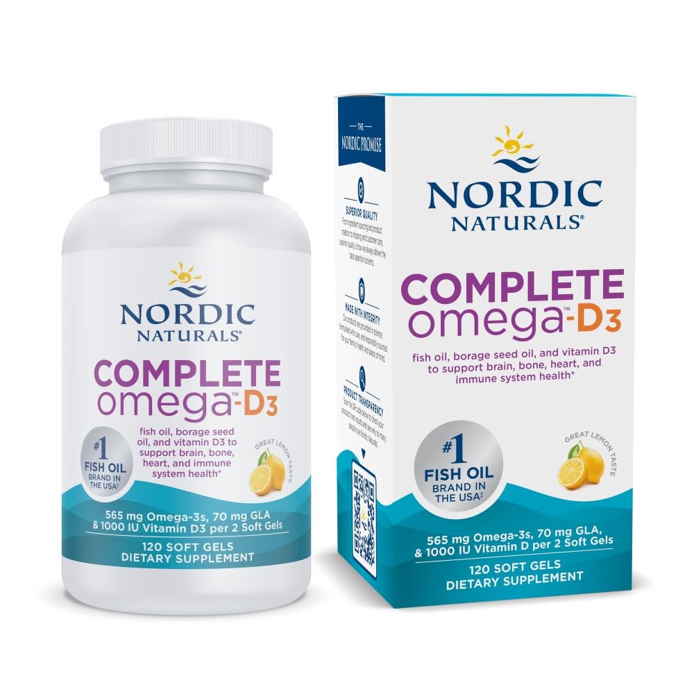 Nordic Naturals Complete Omega-D3, Lemon Flavor - 120 Soft Gels - 565 mg Omega-3 + 70 mg GLA + 1000 IU Vitamin D3 - EPA & DHA - sunn hud, kognisjon, positiv mood - ikke-GMO - 60 Services