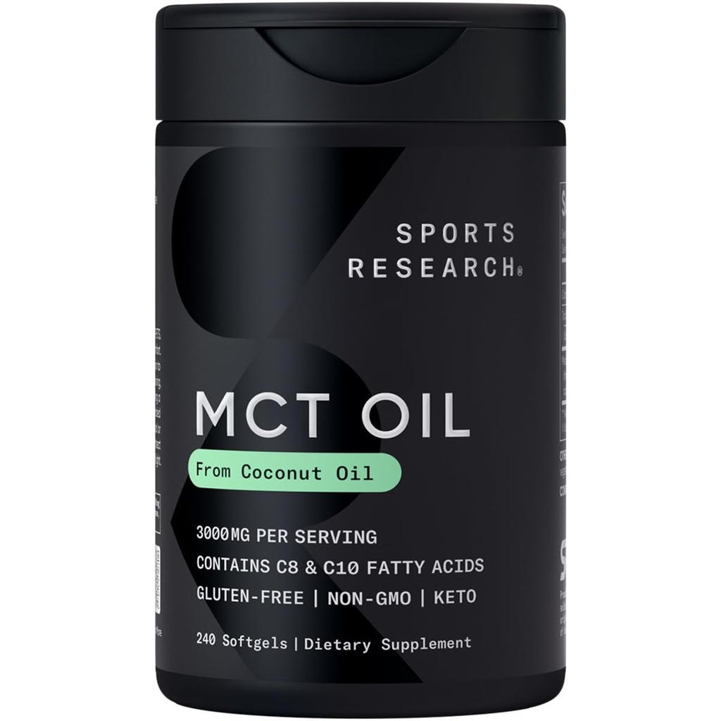 Idrettsforskning Keto MCT oljepiller fra kokosolje | Keto brensel for hjernen og kroppen - ikke-GMO verifisert, soya og glutenfri flytende softgels (240 greve)