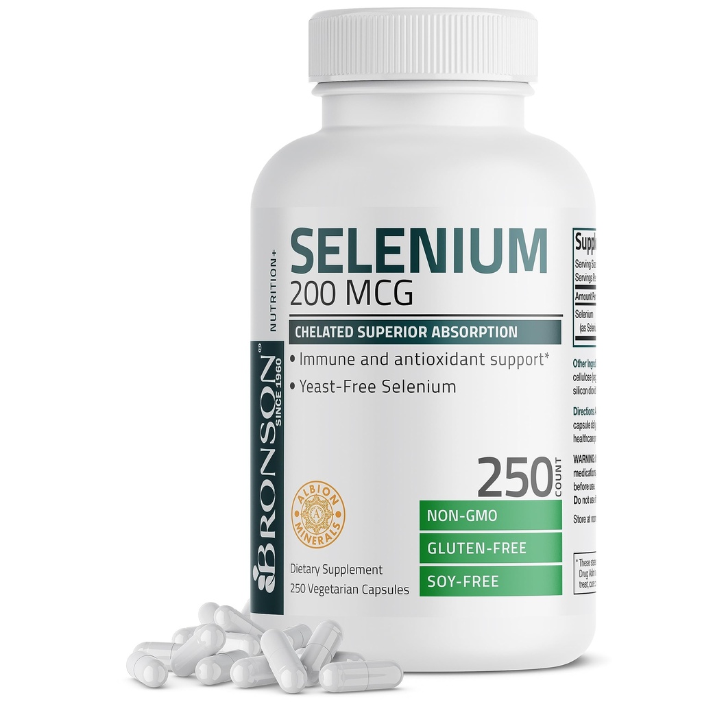 Bronson Selen 200 mcg – Yest Free Chelated Amino Acid Complex - Essential Trace Mineral med superior absorpsjon, 250 vegetariske kapsler