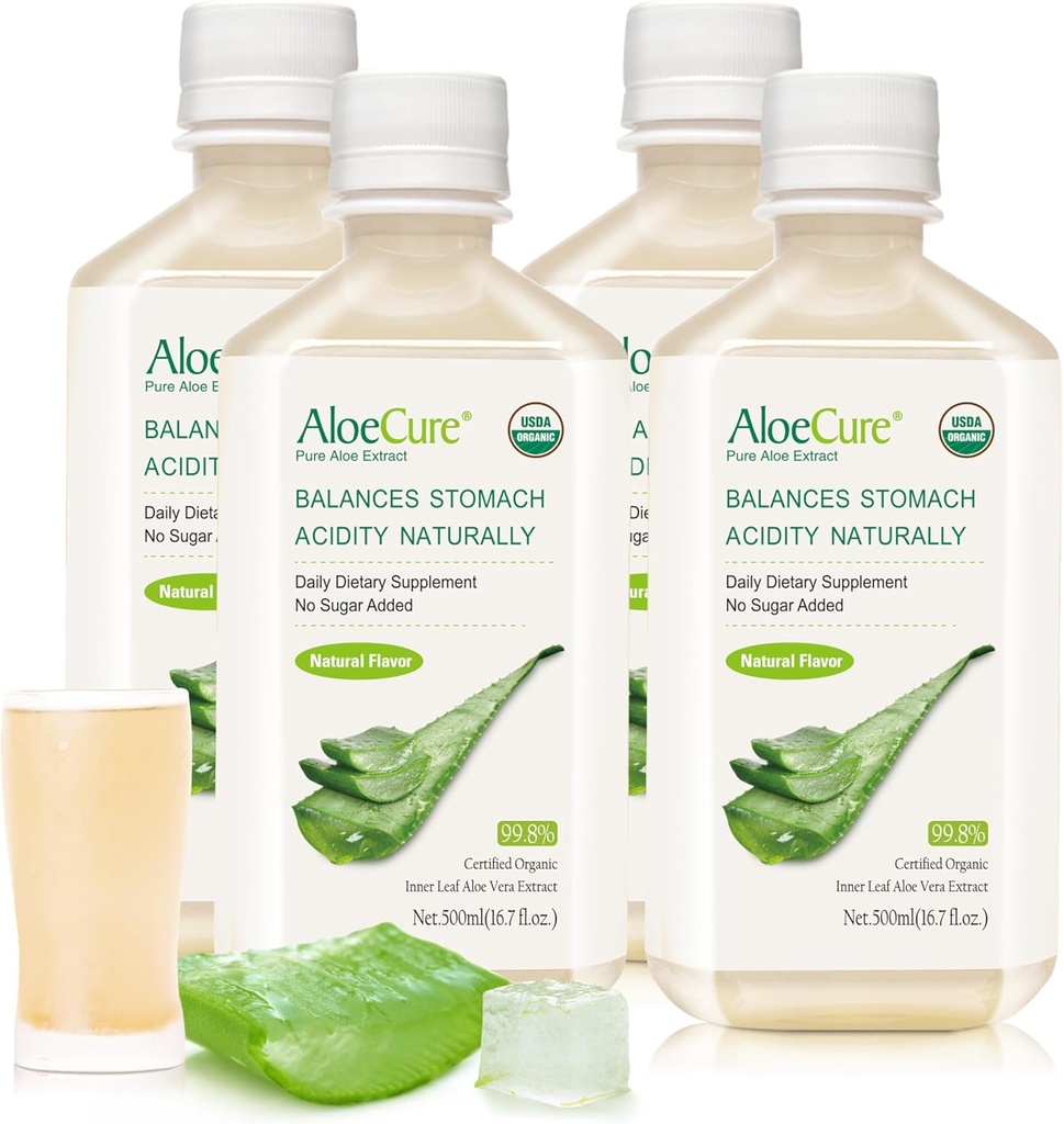 AloeCure USDA Organic Aloe Vera Juice laget innen 12 timers høst - ren aloe Juice Naturlig Digestive Supplement for å støtte digestion, immunsystem og balansert magesyre, 4 x 500 ml flasker