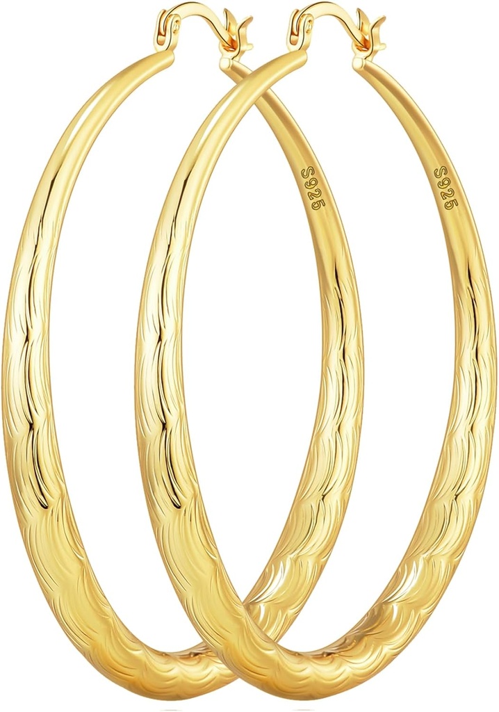 OOOPEL 925 Sterling Silver Hoop for kvinner Gull Hoop øredobber Hypoallergenic Diamond-Cut Ripples Designet - Ikke Tarnish Store Hoop øredobber(30/40/50/60/70mm)