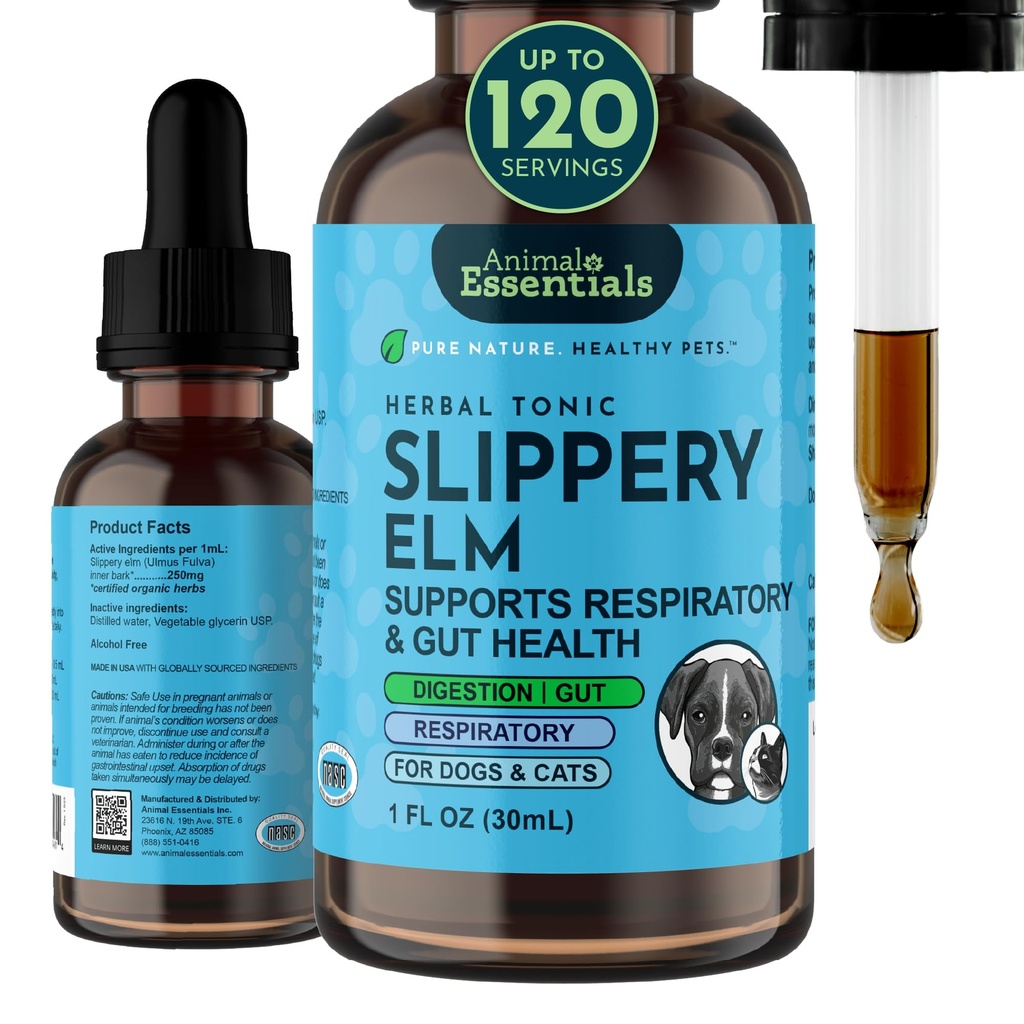 Animal Essentials Slippery Elm - Slippery Elm Bark Anti diarrea Drops for hunder og katter, Organisk Herbal ekstrakt for sunn gut, Digestive & Throat støtte, hjelper syre Reflux, flytende formel- 1 fl oz