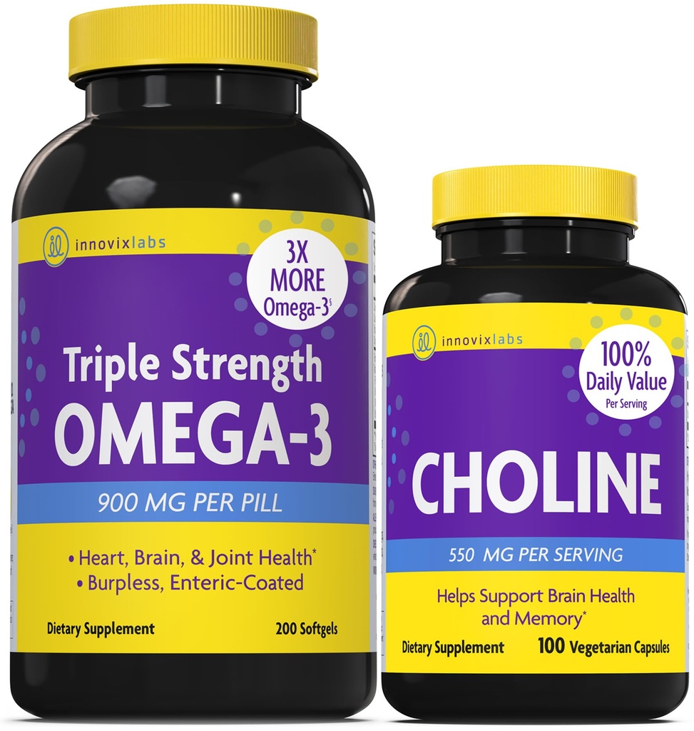 InnovixLabs Choline & Triple Omega-3 Bundle Choline Bitartrate 550 mg (100 kapsler) Triple Styrke Omega (200 Softgels). Støtter hukommelse, humør, hjernens helse og økt kognitiv.*